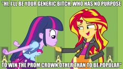 Size: 787x443 | Tagged: safe, edit, edited screencap, screencap, character:sunset shimmer, character:twilight sparkle, equestria girls:equestria girls, g4, my little pony: equestria girls, my little pony:equestria girls, duo, equestria girls drama, image macro, vulgar