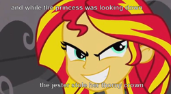 Size: 816x452 | Tagged: safe, edit, edited screencap, screencap, character:sunset shimmer, equestria girls:equestria girls, g4, my little pony: equestria girls, my little pony:equestria girls, american pie, don mcclean, female, image macro, lyrics, solo, song reference
