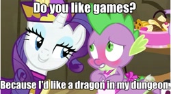 Size: 635x351 | Tagged: safe, edit, edited screencap, screencap, character:rarity, character:spike, species:dragon, species:pony, species:unicorn, ship:sparity, episode:dragon quest, g4, my little pony: friendship is magic, apron, blushing, caption, clothing, dungeons and dragons, female, hub logo, image macro, male, mare, meme, rarity's bad pickup lines, shipping, straight