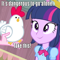 Size: 700x700 | Tagged: safe, edit, edited screencap, screencap, character:pinkie pie, character:twilight sparkle, species:chicken, equestria girls:equestria girls, g4, my little pony: equestria girls, my little pony:equestria girls, cucco, disembodied hand, edited edit, hand, meme, offscreen character, the legend of zelda