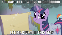 Size: 731x411 | Tagged: safe, edit, edited screencap, screencap, character:rainbow dash, character:twilight sparkle, episode:dragonshy, g4, my little pony: friendship is magic, duo, image macro, looking at you, map, twiface, wrong neighborhood