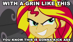 Size: 590x337 | Tagged: safe, edit, edited screencap, screencap, character:sunset shimmer, equestria girls:equestria girls, g4, my little pony: equestria girls, my little pony:equestria girls, evil grin, female, grin, image macro, solo