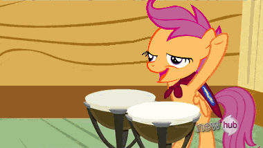 Size: 380x214 | Tagged: safe, edit, edited screencap, screencap, character:scootaloo, species:pegasus, species:pony, episode:one bad apple, g4, my little pony: friendship is magic, animated, bongos, chickun, drums, exploitable meme, forced meme, scootachicken, screen shake