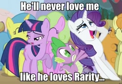 Size: 651x451 | Tagged: safe, edit, edited screencap, screencap, character:rarity, character:spike, character:twilight sparkle, species:dragon, species:earth pony, species:pony, species:unicorn, ship:sparity, caption, female, male, mare, shipping, straight