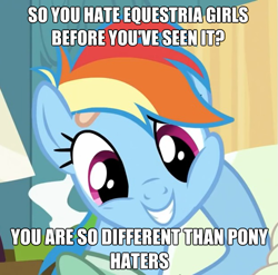 Size: 623x615 | Tagged: safe, edit, edited screencap, screencap, character:rainbow dash, episode:read it and weep, g4, my little pony: friendship is magic, my little pony:equestria girls, condescending dashie, condescending wonka, cropped, equestria girls drama, female, love and tolerate, op has a point, ponified meme, shitstorm, solo