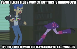 Size: 621x398 | Tagged: safe, edit, edited screencap, screencap, character:flash sentry, character:twilight sparkle, equestria girls:equestria girls, g4, my little pony: equestria girls, my little pony:equestria girls, cropped, do not want, half, image macro, legs, modular, wat