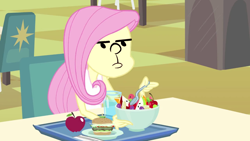 Size: 1920x1080 | Tagged: safe, edit, edited screencap, screencap, character:fluttershy, equestria girls:equestria girls, g4, my little pony: equestria girls, my little pony:equestria girls, apple, burger, female, fluttershy just wants to eat lunch, food, fruit salad, funny, funny as hell, karl pilkington, ricky gervais show, salad, solo, spoon, the ricky gervais show, wat, wtf