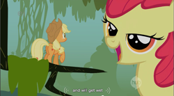 Size: 857x472 | Tagged: safe, edit, edited screencap, screencap, character:apple bloom, character:applejack, episode:bridle gossip, g4, my little pony: friendship is magic, appletini, bedroom eyes, caption, ei, hub logo, micro, open mouth, worried, youtube caption