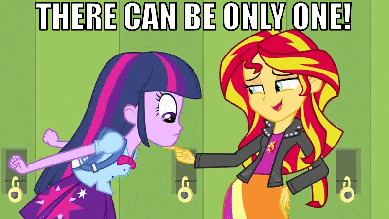 Size: 800x450 | Tagged: safe, edit, edited screencap, screencap, character:sunset shimmer, character:twilight sparkle, equestria girls:equestria girls, g4, my little pony: equestria girls, my little pony:equestria girls, animated, duo, highlander, image macro, there can be only one
