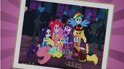 Size: 397x222 | Tagged: safe, edit, edited screencap, screencap, character:applejack, character:fluttershy, character:pinkie pie, character:rainbow dash, character:rarity, character:scott green, character:spike, character:twilight sparkle, character:velvet sky, species:dog, equestria girls:equestria girls, g4, my little pony: equestria girls, my little pony:equestria girls, alicorn drama, boots, clothing, drama, dress, equestria girls drama, exploitable meme, fall formal outfits, fedora hat, female, funny, group photo, hat, humane five, humane six, i wanna go home, male, mane six, necktie, ponied up, scott green, shoes, spike the dog, spike's dog collar, suit, tennis match, this is our big night, this will end in tears, thunderbass, tuxedo, twiscream, velvet sky