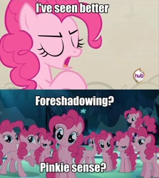 Size: 858x960 | Tagged: safe, edit, edited screencap, screencap, character:pinkie pie, species:earth pony, species:pony, episode:a canterlot wedding, episode:too many pinkie pies, g4, my little pony: friendship is magic, female, hub logo, mare, multeity, pinkie sense, that cute clone, too much pink energy is dangerous