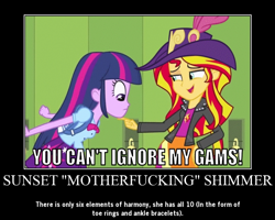 Size: 750x600 | Tagged: safe, edit, edited screencap, screencap, character:sunset shimmer, character:twilight sparkle, equestria girls:equestria girls, g4, my little pony: equestria girls, my little pony:equestria girls, clothing, duo, edited edit, gary motherfucking oak, hat, legs, meme, motivational poster, pimp hat, sunset motherfucking shimmer, vulgar