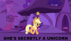 Size: 1142x662 | Tagged: safe, edit, edited screencap, screencap, character:applejack, episode:the ticket master, g4, my little pony: friendship is magic, animation error, clothing, cowboy hat, female, gala ticket, hat, image macro, magic, solo, stetson, ticket