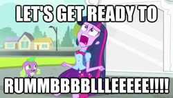 Size: 625x356 | Tagged: safe, edit, edited screencap, screencap, character:spike, character:twilight sparkle, species:dog, equestria girls:equestria girls, g4, my little pony: equestria girls, my little pony:equestria girls, boxing, duo, exploitable meme, image macro, meme, michael buffer, parody, quote, spike the dog, twiscream, wrestling