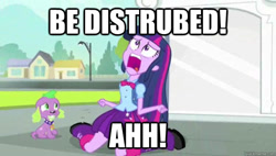 Size: 625x356 | Tagged: safe, edit, edited screencap, screencap, character:spike, character:twilight sparkle, species:dog, equestria girls:equestria girls, g4, my little pony: equestria girls, my little pony:equestria girls, be disturbed button, duo, exploitable meme, image macro, meme, misspelling, nostalgia critic, parody, quote, spike the dog, the cell, twiscream