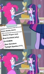 Size: 490x822 | Tagged: safe, edit, edited screencap, screencap, character:pinkie pie, character:twilight sparkle, equestria girls:equestria girls, g4, my little pony: equestria girls, my little pony:equestria girls, clipboard, comic, implied flash sentry, implied sunset shimmer, implied vinyl scratch, pinkie's clipboard, screencap comic, semi-vulgar, text