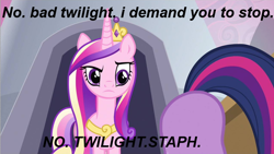 Size: 640x360 | Tagged: safe, edit, edited screencap, screencap, character:queen chrysalis, character:twilight sparkle, episode:a canterlot wedding, g4, my little pony: friendship is magic, ass up, butt, duo, fake cadance, image macro, plot, stahp, twibutt