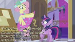 Size: 900x506 | Tagged: safe, edit, edited screencap, screencap, character:fluttershy, character:twilight sparkle, episode:a canterlot wedding, g4, my little pony: friendship is magic, alternate hairstyle, bridesmaid dress, brothel, clothing, dress, duo, insane pony thread