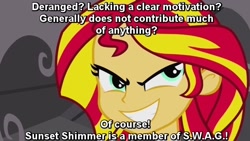 Size: 640x360 | Tagged: safe, edit, edited screencap, screencap, character:sunset shimmer, equestria girls:equestria girls, g4, my little pony: equestria girls, my little pony:equestria girls, character analysis, demo reel, evil grin, female, image macro, meta, solo, text
