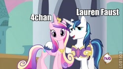 Size: 350x197 | Tagged: safe, edit, edited screencap, screencap, character:queen chrysalis, character:shining armor, episode:a canterlot wedding, g4, my little pony: friendship is magic, 4chan, duo, fake cadance, hoof around neck, hoof on shoulder, hub logo, hubble, lauren faust, lauren-faust-visiting-4chan-gate, meta, roflbot, the hub