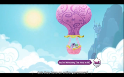 Size: 1024x640 | Tagged: safe, edit, edited screencap, screencap, character:spike, character:twilight sparkle, episode:lesson zero, g4, my little pony: friendship is magic, caption, hot air balloon, hub logo, intro, opening, youtube caption