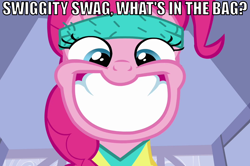 Size: 902x600 | Tagged: safe, edit, edited screencap, screencap, character:pinkie pie, episode:a friend in deed, g4, my little pony: friendship is magic, creepy, creepy smile, ed edd n eddy, female, image macro, looking at you, over your ed, smiling, solo, swag, swiggity swag