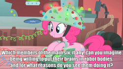 Size: 640x360 | Tagged: safe, edit, edited screencap, screencap, character:pinkie pie, episode:feeling pinkie keen, g4, my little pony: friendship is magic, caption, female, image macro, laboratory, meta, question, solo, text