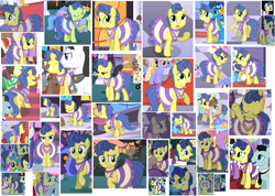 Size: 1518x1081 | Tagged: safe, edit, edited screencap, screencap, character:applejack, character:bruce mane, character:carrot top, character:compass star, character:dark moon, character:derpy hooves, character:diamond mint, character:eclair créme, character:fine line, character:golden harvest, character:graphite, character:lemon hearts, character:orange blossom, character:prim posy, character:prince blueblood, character:rarity, character:royal ribbon, character:sea swirl, character:soarin', character:spitfire, character:star gazer, species:earth pony, species:pegasus, species:pony, episode:sweet and elite, episode:the best night ever, g4, my little pony: friendship is magic, background pony, cappuccino, clothing, collage, dress, female, male, mare, masquerade, plot, stallion