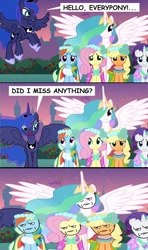 Size: 568x960 | Tagged: safe, edit, edited screencap, screencap, character:applejack, character:fluttershy, character:princess celestia, character:princess luna, character:rainbow dash, character:rarity, episode:a canterlot wedding, g4, my little pony: friendship is magic, are you fucking kidding me, bridesmaid dress, clothing, comic, dress, flying, luna is friggen useless, meme, open mouth, rage face, screencap comic, smiling, spread wings, wings