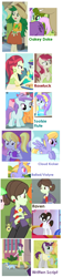 Size: 567x2470 | Tagged: safe, edit, edited screencap, screencap, character:aqua blossom, character:cloud kicker, character:cloudy kicks, character:indigo wreath, character:liza doolots, character:oakey doke, character:petunia, character:raven inkwell, character:roseluck, character:sophisticata, character:tootsie flute, character:written script, species:pony, episode:fall weather friends, episode:lesson zero, episode:the crystal empire, episode:the cutie pox, episode:the super speedy cider squeezy 6000, equestria girls:equestria girls, g4, my little pony: equestria girls, my little pony: friendship is magic, my little pony:equestria girls, background human, ballad, cloudy kicks, comparison, indigo wreath, op is wrong, rose heart, sophisticata, sweet leaf