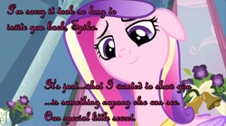 Size: 993x557 | Tagged: safe, edit, edited screencap, screencap, character:princess cadance, character:spike, species:alicorn, species:pony, ship:spikedance, bedroom eyes, caption, female, floppy ears, image macro, implications, innuendo, looking down, male, mare, perspective, shipping, smiling, straight, text