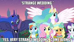 Size: 1280x720 | Tagged: safe, edit, edited screencap, screencap, character:applejack, character:fluttershy, character:princess celestia, character:princess luna, character:rainbow dash, character:rarity, episode:a canterlot wedding, g4, my little pony: friendship is magic, alternate hairstyle, bridesmaid dress, clothing, dress, image macro, spread wings, the princess bride, wings