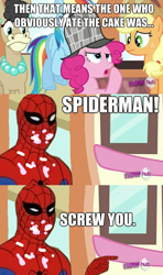 Size: 500x845 | Tagged: safe, edit, edited screencap, screencap, character:pinkie pie, episode:mmmystery on the friendship express, g4, my little pony: friendship is magic, 60s spider-man, comic, hub logo, meme, screencap comic, spider-man
