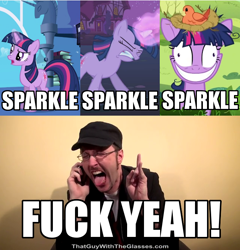 Size: 640x668 | Tagged: safe, edit, edited screencap, screencap, character:constance, character:twilight sparkle, species:bird, species:pony, species:unicorn, episode:boast busters, episode:friendship is magic, episode:lesson zero, g4, my little pony: friendship is magic, caption, female, fuck yeah, glowing horn, grin, image macro, impact font, magic, mare, messy mane, multeity, nest, nostalgia critic, sparkle sparkle sparkle, thomas and the magic railroad, tongue out, twilight snapple, vulgar