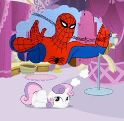 Size: 1085x1061 | Tagged: safe, edit, edited screencap, screencap, character:sweetie belle, species:human, episode:sisterhooves social, g4, my little pony: friendship is magic, 60s spider-man, cropped, meme, spider-man, thought bubble