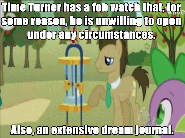 Size: 593x443 | Tagged: safe, edit, edited screencap, screencap, character:doctor whooves, character:time turner, episode:the super speedy cider squeezy 6000, g4, my little pony: friendship is magic, doctor who, headcanon, hourglass, john smith