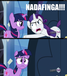 Size: 1280x1440 | Tagged: safe, edit, edited screencap, screencap, character:rarity, character:twilight sparkle, episode:games ponies play, g4, my little pony: friendship is magic, a christmas story, hub logo, image macro, insulting rarity, meme
