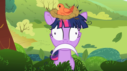 Size: 1280x720 | Tagged: safe, edit, edited screencap, screencap, character:constance, character:twilight sparkle, species:bird, species:pony, episode:lesson zero, g4, my little pony: friendship is magic, bird nest, female, frown, inverted mouth, mare, nest, solo, twilight snapple