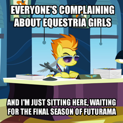 Size: 720x720 | Tagged: safe, edit, edited screencap, screencap, character:spitfire, episode:wonderbolts academy, my little pony:equestria girls, cropped, desk, equestria girls drama, female, futurama, ponified meme, solo, spider-man