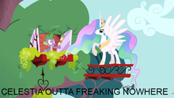 Size: 640x360 | Tagged: safe, edit, edited screencap, screencap, character:princess celestia, character:spike, species:alicorn, species:pony, episode:feeling pinkie keen, g4, my little pony: friendship is magic, duo, golden oaks library, image macro, letter, out of fucking nowhere, surprised, window