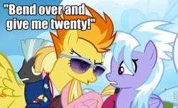 Size: 542x330 | Tagged: safe, edit, edited screencap, screencap, character:cloudchaser, character:meadow flower, character:spitfire, character:thunderlane, episode:wonderbolts academy, image macro, starry eyes, sunglasses