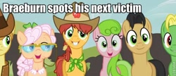 Size: 632x272 | Tagged: safe, edit, edited screencap, screencap, character:apple rose, character:braeburn, character:golden delicious, character:half baked apple, character:red gala, character:wensley, species:earth pony, species:pony, episode:apple family reunion, g4, my little pony: friendship is magic, apple family member, background pony, bucktooth, clothing, cowboy hat, female, hat, image macro, male, mare, stallion