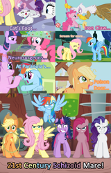 Size: 853x1333 | Tagged: safe, edit, edited screencap, screencap, character:applejack, character:fluttershy, character:gilda, character:opalescence, character:pinkamena diane pie, character:pinkie pie, character:rainbow dash, character:rarity, character:twilight sparkle, species:earth pony, species:griffon, species:pegasus, species:pony, species:unicorn, episode:applebuck season, episode:feeling pinkie keen, episode:griffon the brush-off, episode:read it and weep, episode:sonic rainboom, episode:stare master, g4, my little pony: friendship is magic, 21st century schizoid man, blue text, cat, female, flutterrage, insanity, king crimson, mane six, mare, messy mane, progressive rock, snapplejack, song reference, twilight snapple