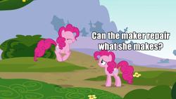 Size: 640x360 | Tagged: safe, edit, edited screencap, screencap, character:pinkie pie, species:earth pony, species:pony, episode:too many pinkie pies, g4, my little pony: friendship is magic, blade runner, caption, clone, female, image macro, mare, pinkie clone, pinkie clone debate, pinkie tyrone