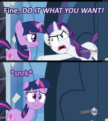 Size: 1280x1440 | Tagged: safe, edit, edited screencap, screencap, character:rarity, character:twilight sparkle, episode:games ponies play, g4, my little pony: friendship is magic, grammar error, hub logo, insulting rarity, inverted mouth, meme