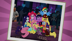Size: 400x225 | Tagged: safe, edit, screencap, character:applejack, character:fluttershy, character:pinkie pie, character:rainbow dash, character:rarity, character:scott green, character:spike, character:twilight sparkle, species:dog, equestria girls:equestria girls, g4, my little pony: equestria girls, my little pony:equestria girls, balloon, big crown thingy, boots, cm punk, fall formal outfits, high heel boots, humane five, humane six, ponied up, ponytail, scott green, spike the dog, tennis match, thunderbass, wat, wings, wwe