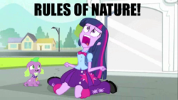 Size: 1366x768 | Tagged: safe, edit, edited screencap, screencap, character:spike, character:twilight sparkle, species:dog, equestria girls:equestria girls, g4, my little pony: equestria girls, my little pony:equestria girls, duo, exploitable meme, image macro, meme, metal gear, rules of nature, song, spike the dog, twiscream