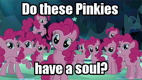 Size: 500x281 | Tagged: safe, edit, edited screencap, screencap, character:pinkie pie, species:earth pony, species:pony, episode:too many pinkie pies, g4, my little pony: friendship is magic, :t, animated, blinking, c:, caption, clone, cute, faec, female, geth, grin, head tilt, image macro, jumping, legion, looking at you, mare, mass effect, meme, meta, open mouth, pinkie clone, pinkie clone debate, pronking, raised hoof, smiling, squee, text