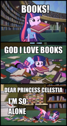 Size: 820x1540 | Tagged: safe, edit, edited screencap, screencap, character:twilight sparkle, equestria girls:equestria girls, g4, my little pony: equestria girls, my little pony:equestria girls, berk, book, derp, i'm so alone, meme, that pony sure does love books