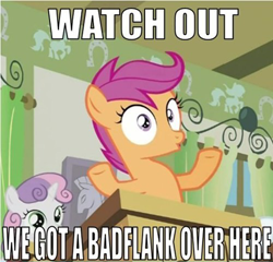 Size: 500x479 | Tagged: safe, edit, edited screencap, screencap, character:scootaloo, character:sweetie belle, species:pegasus, species:pony, species:unicorn, g4, female, filly, image macro, meme, ponyville schoolhouse, reaction image, school, watch out we have a badass over here